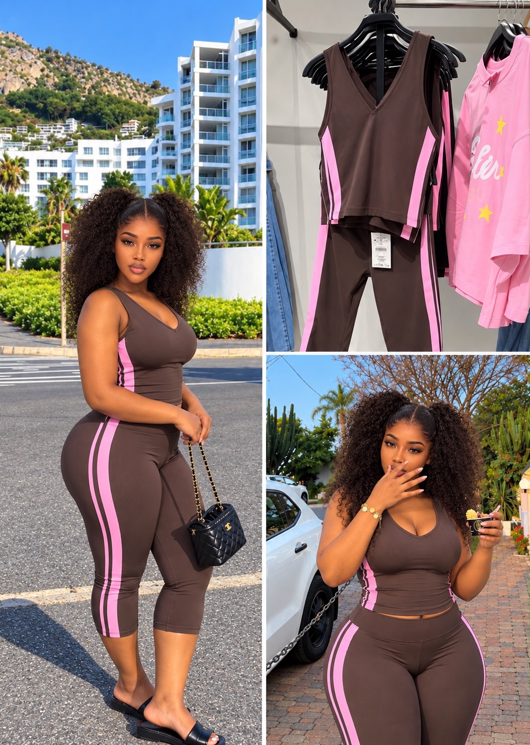 Ensemble fitness marron et rose