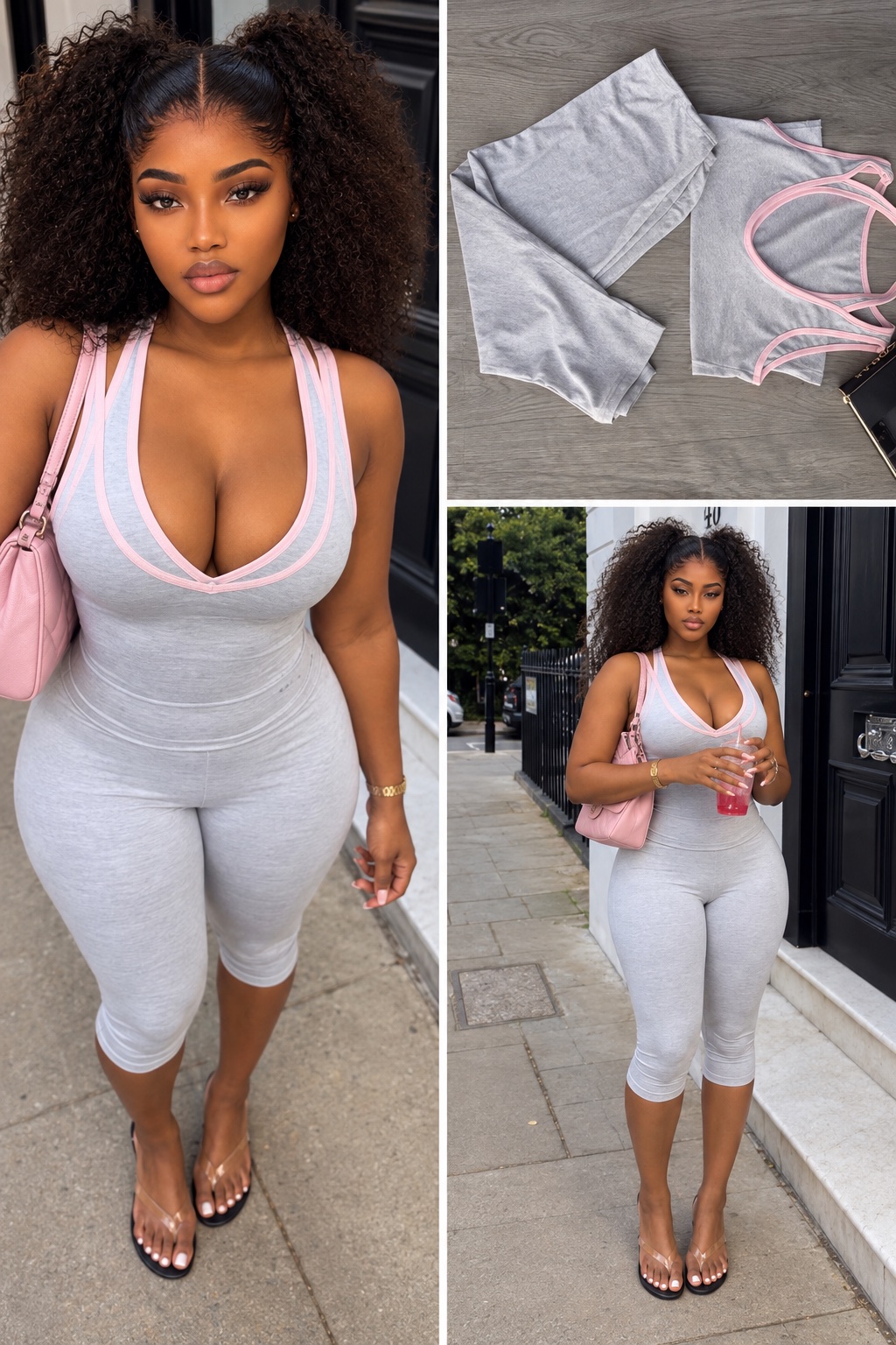 Ensemble fitness 2 pièces gris clair à bordure rose