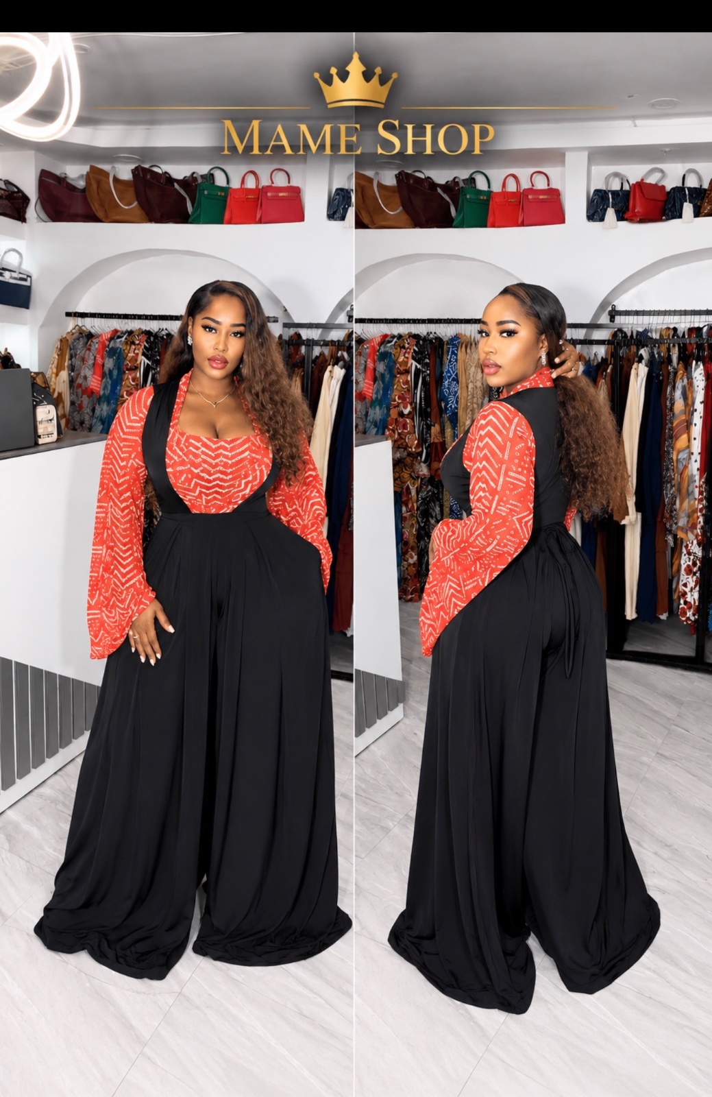Ensemble pantalon ample bretelles et blouse rouge imprimée