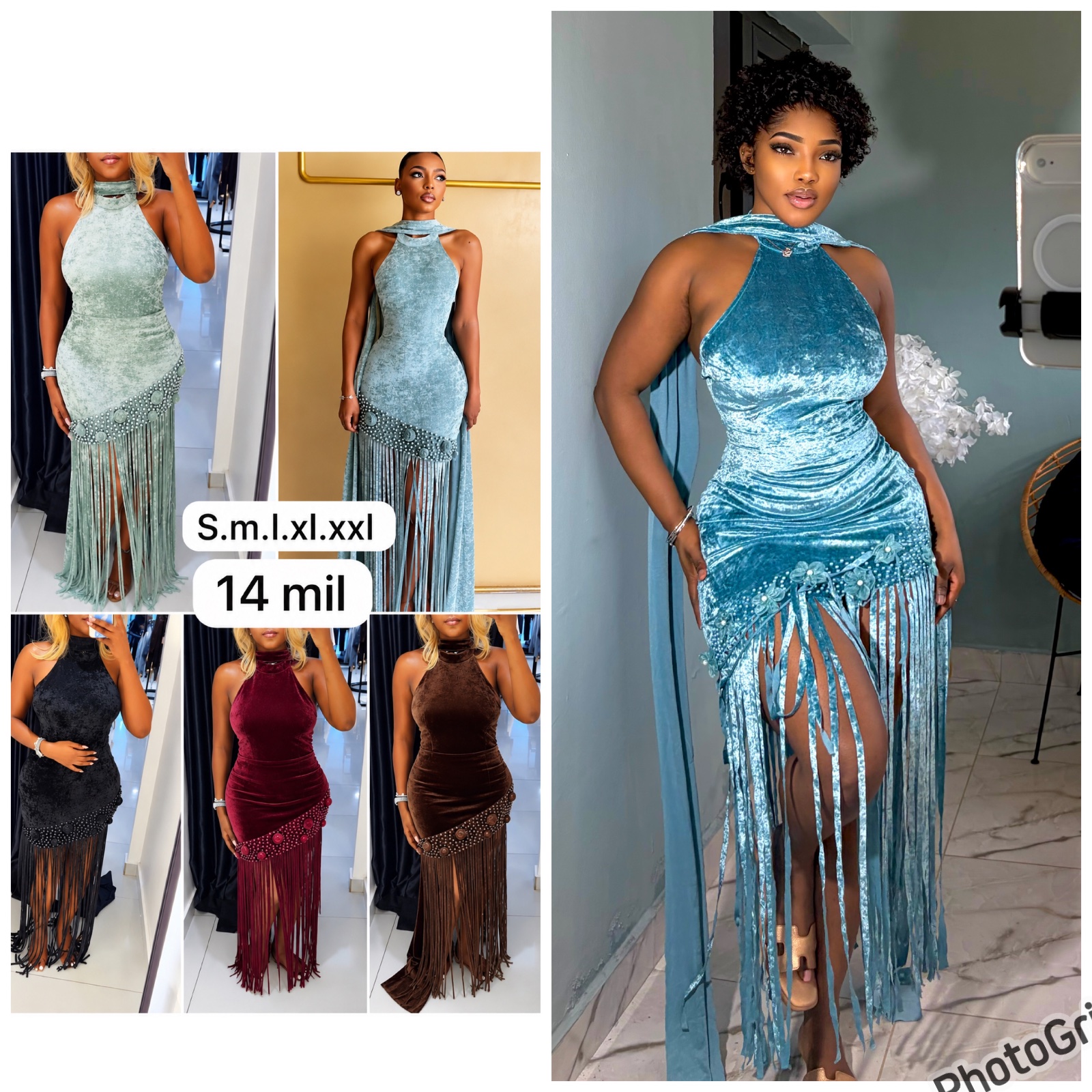 Robe en velours à franges et perles