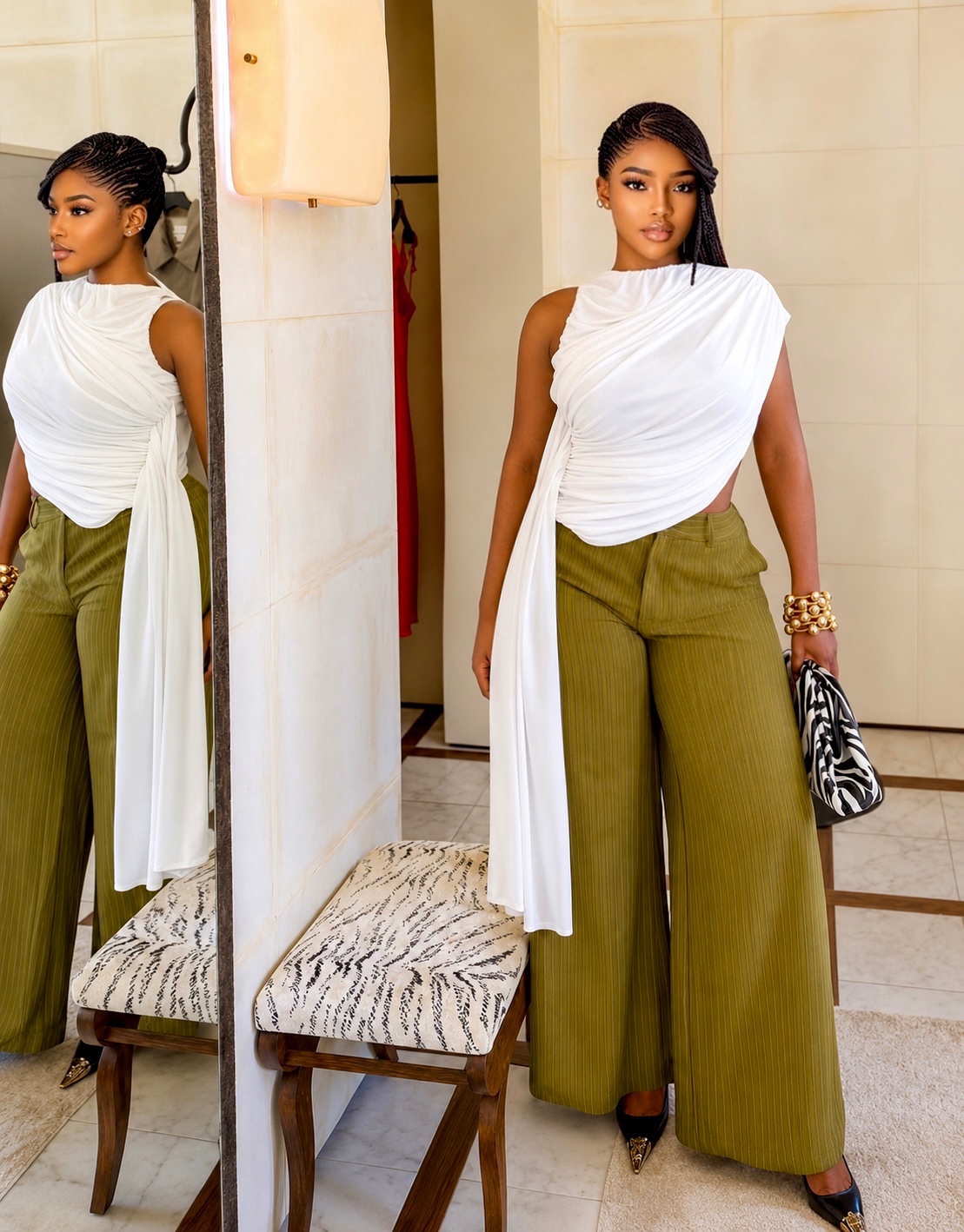Ensemble chic haut drapé et pantalon palazzo