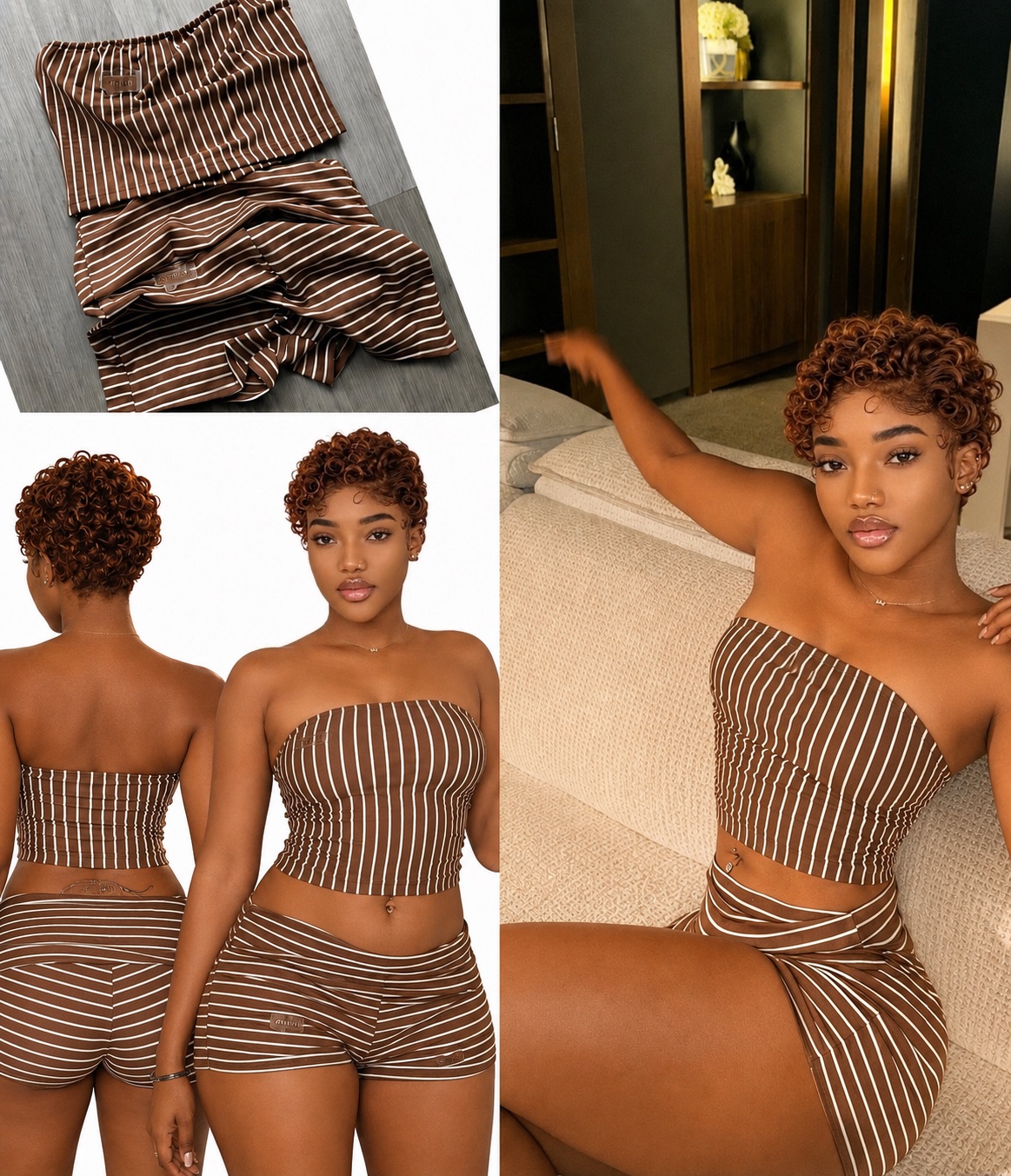 Ensemble bustier et short rayé marron