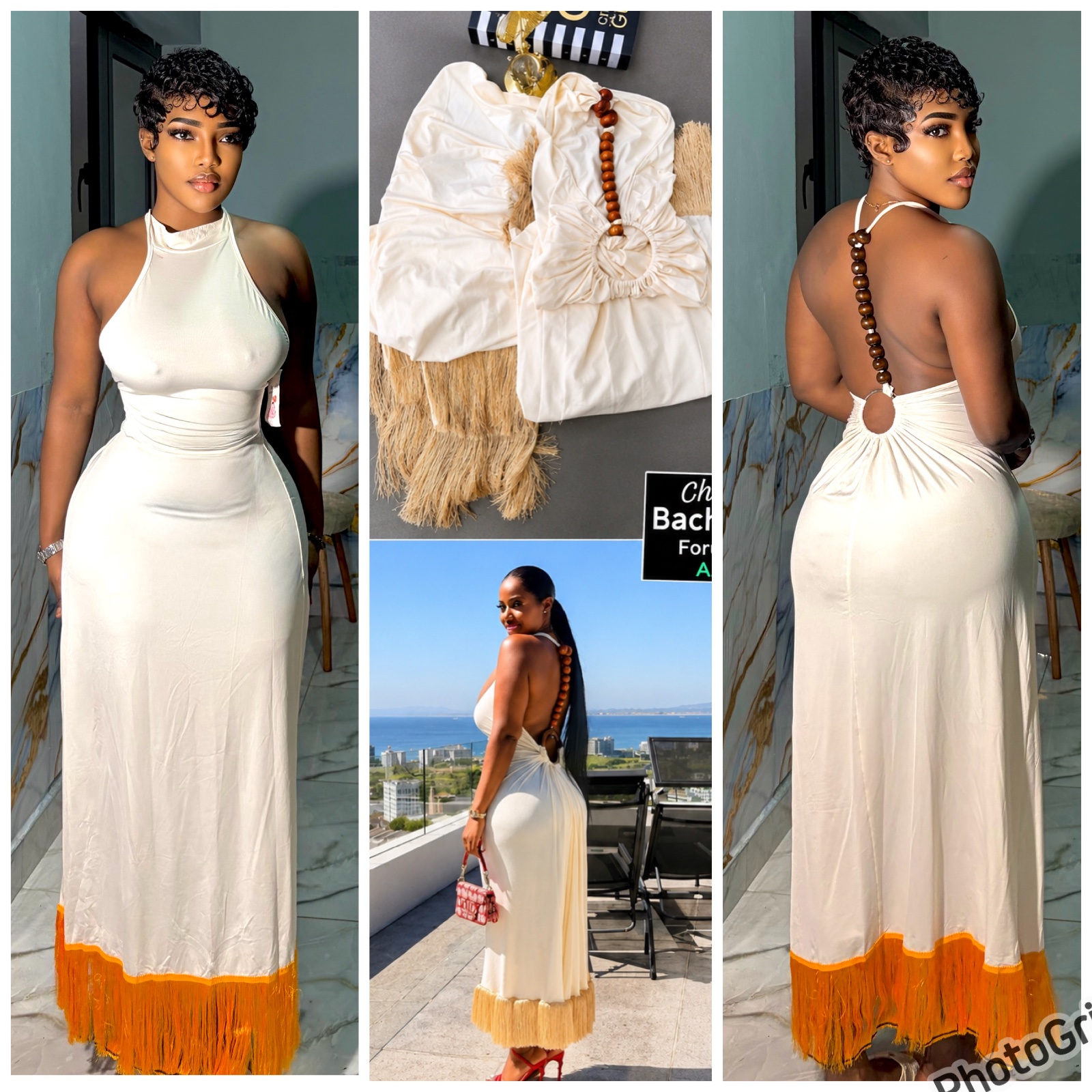 Robe longue dos nu à perles