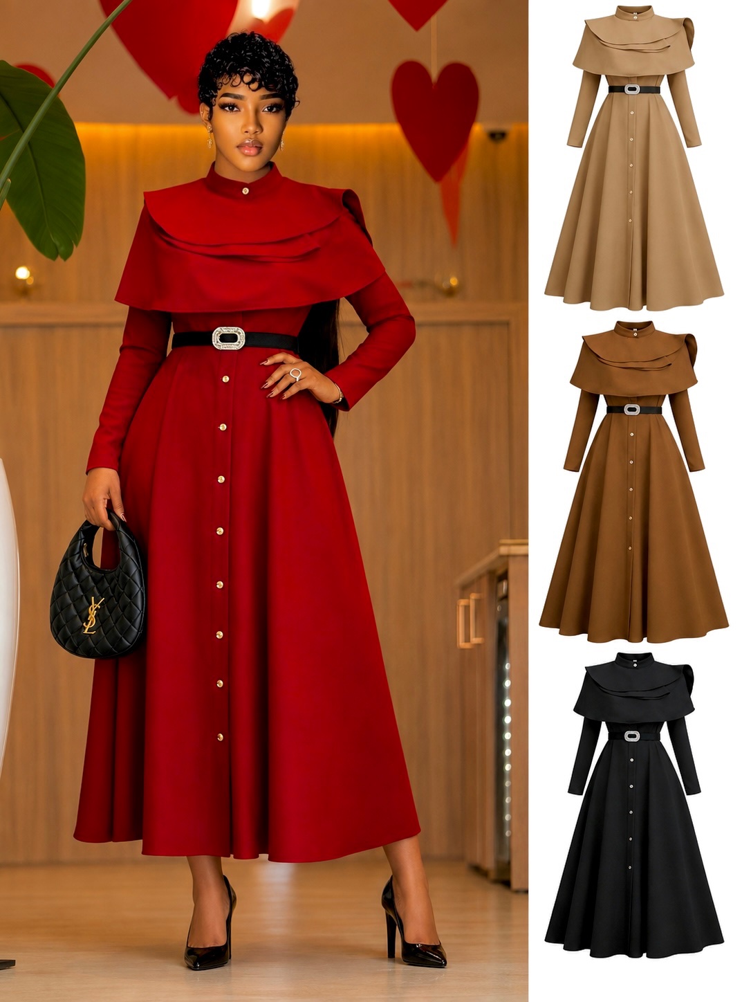 Robe longue évasée à col montant et cape