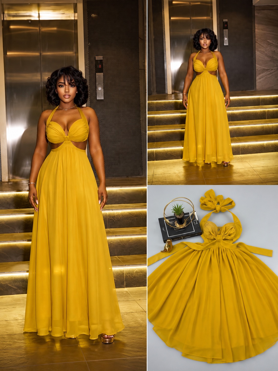 Robe longue fluide dos nu jaune