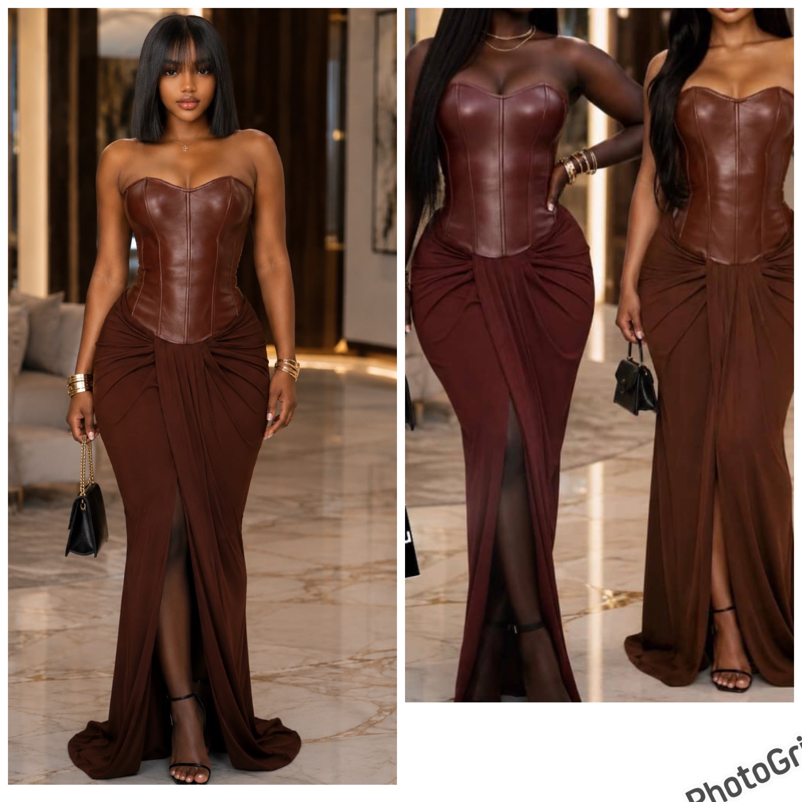 Ensemble bustier cuir et jupe drapée