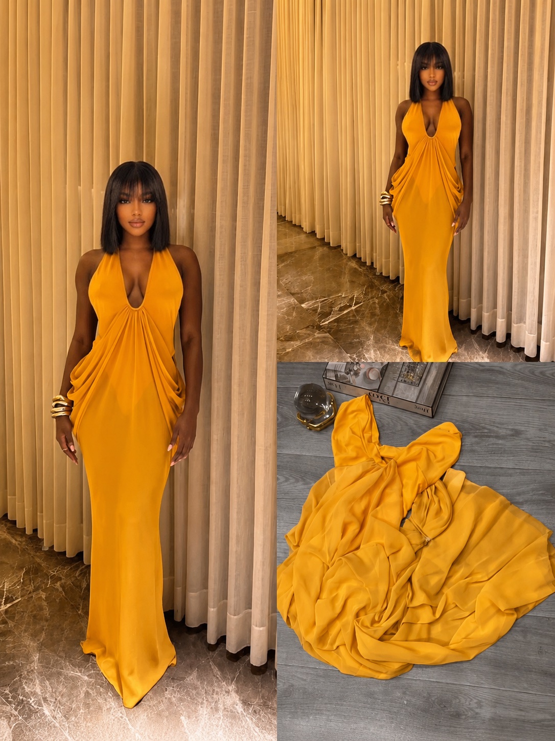 Robe longue drapée moutarde