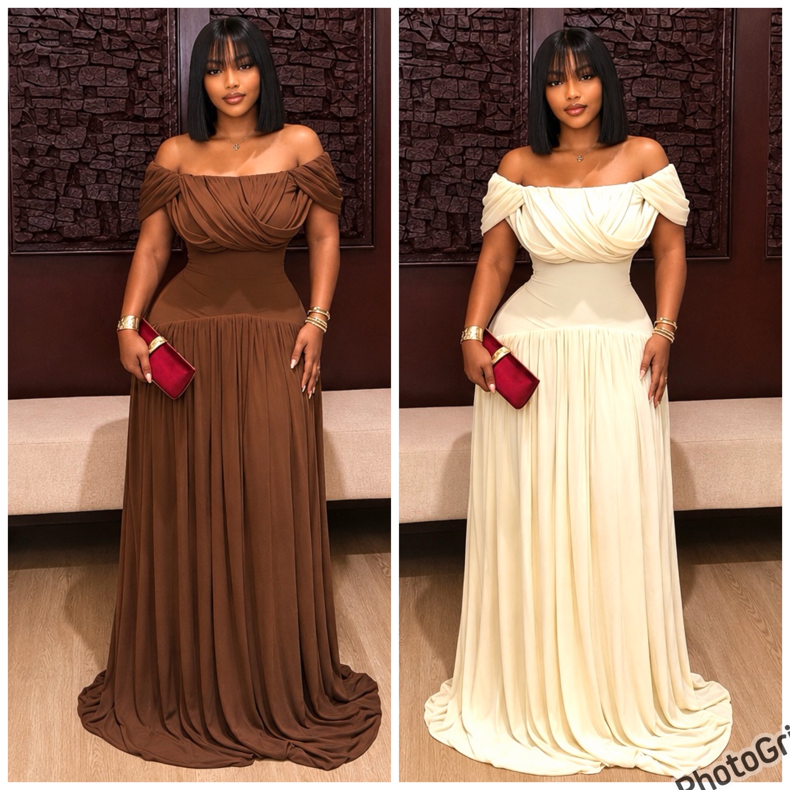 Robe longue plissée épaules dénudées