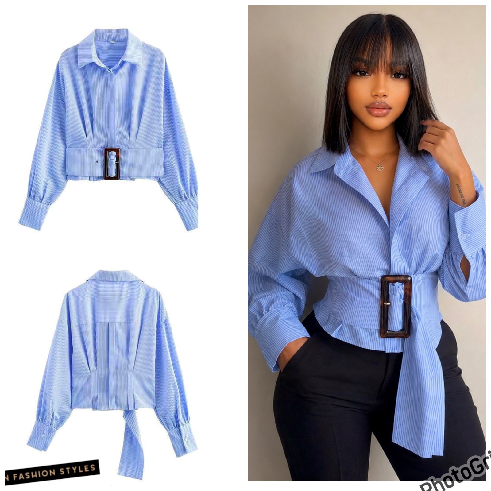Chemise ceinturée à rayures bleu ciel