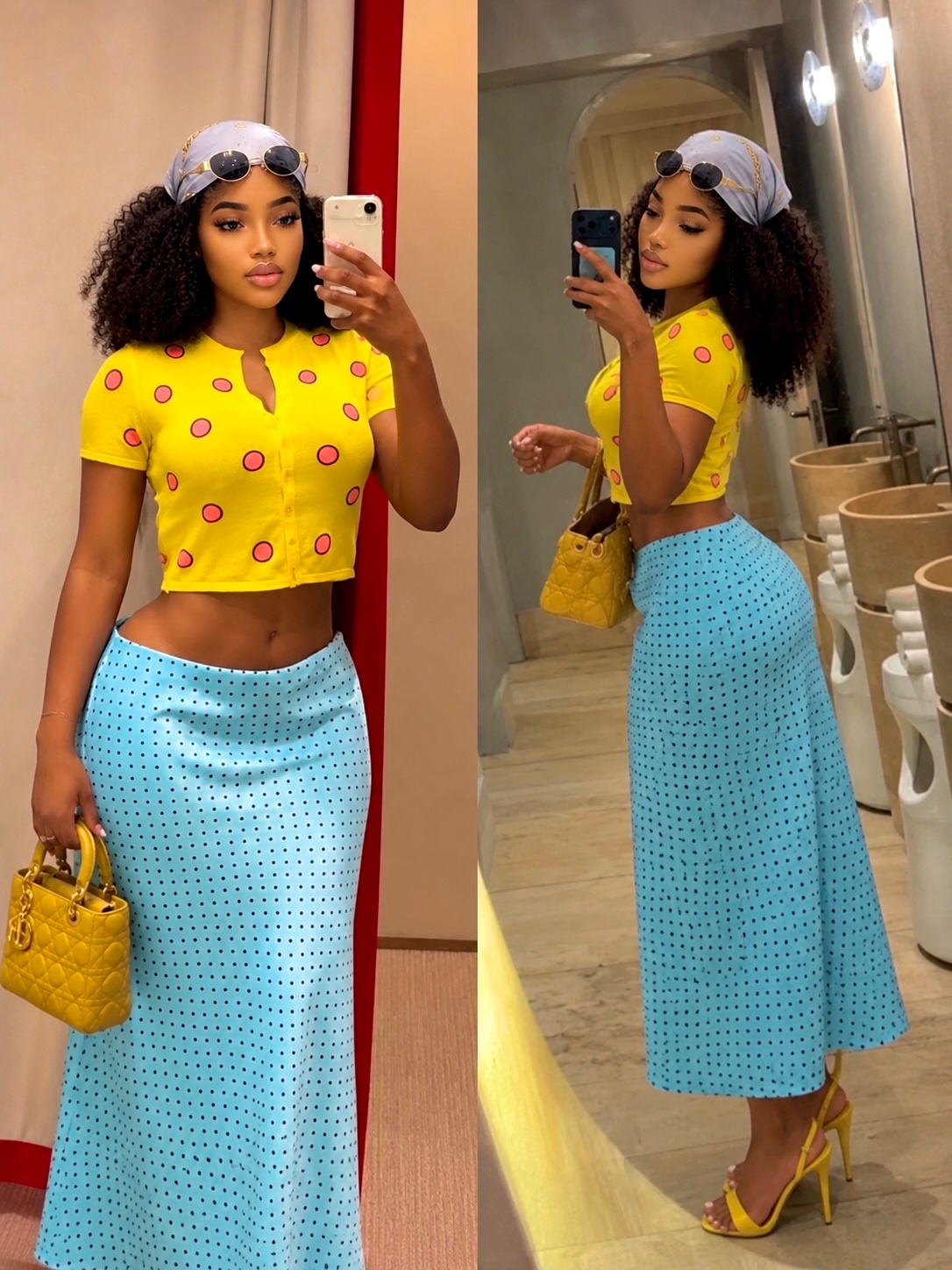 Ensemble jupe longue et top jaune à pois