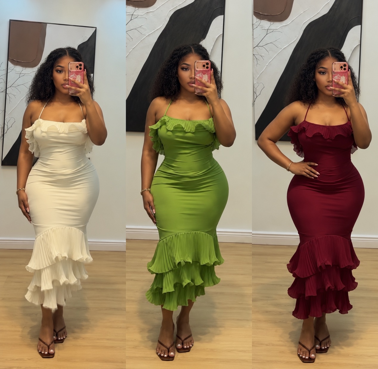 Robe midi à volants plissés