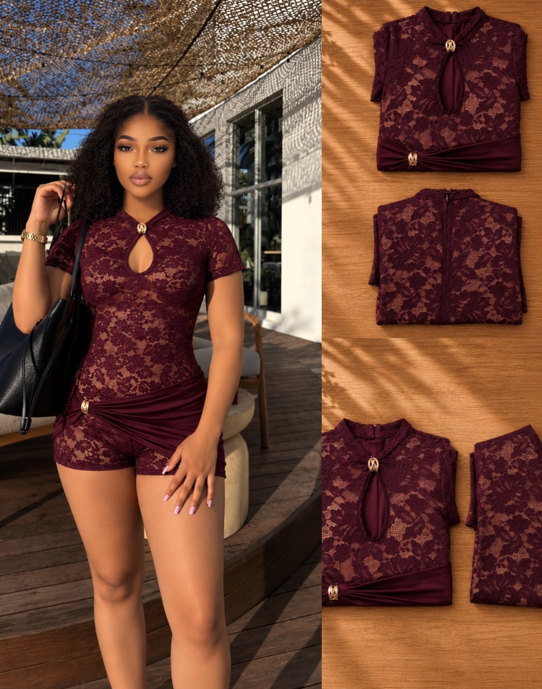 Ensemble short en dentelle Bordeaux