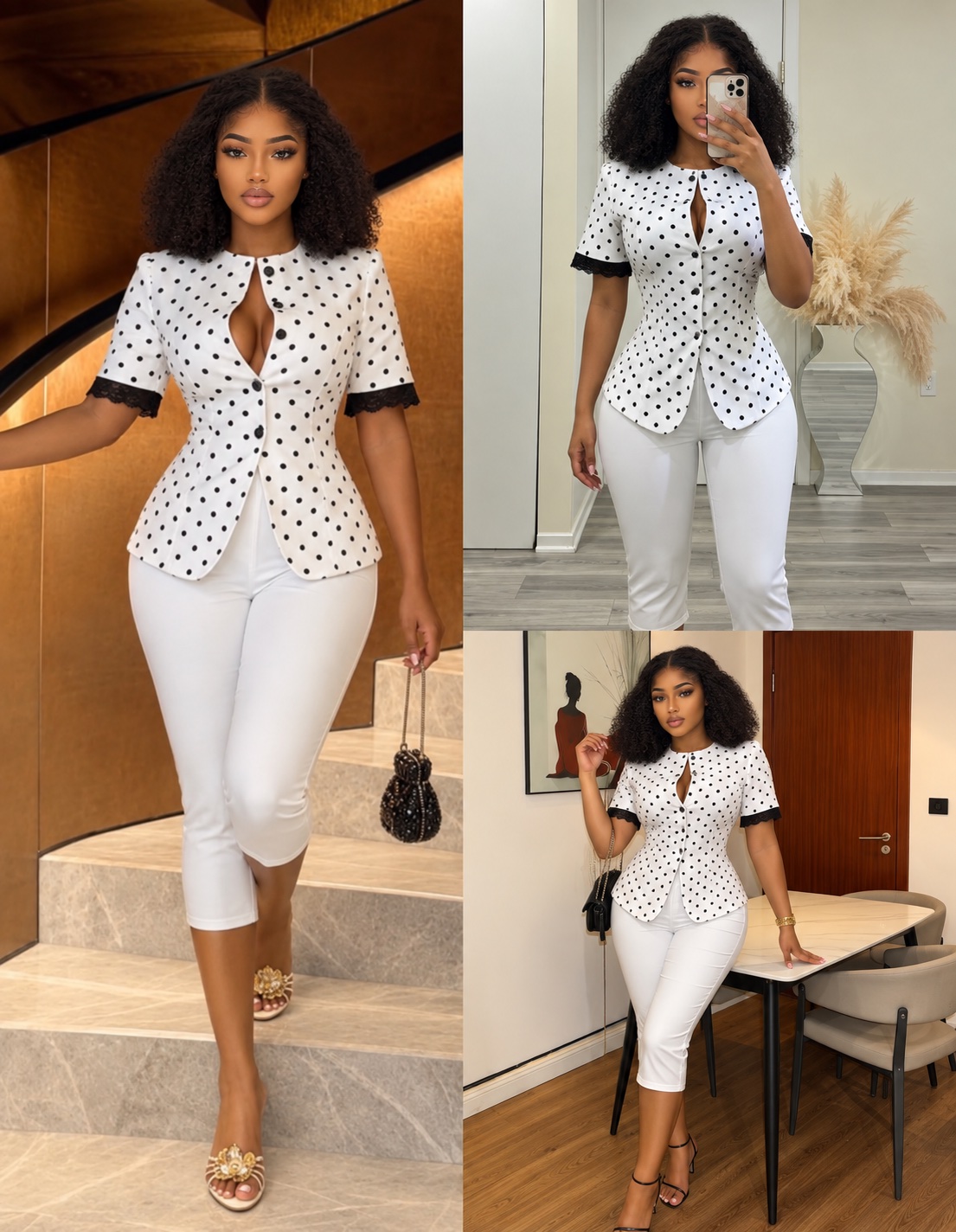Ensemble chic à pois et pantalon blanc