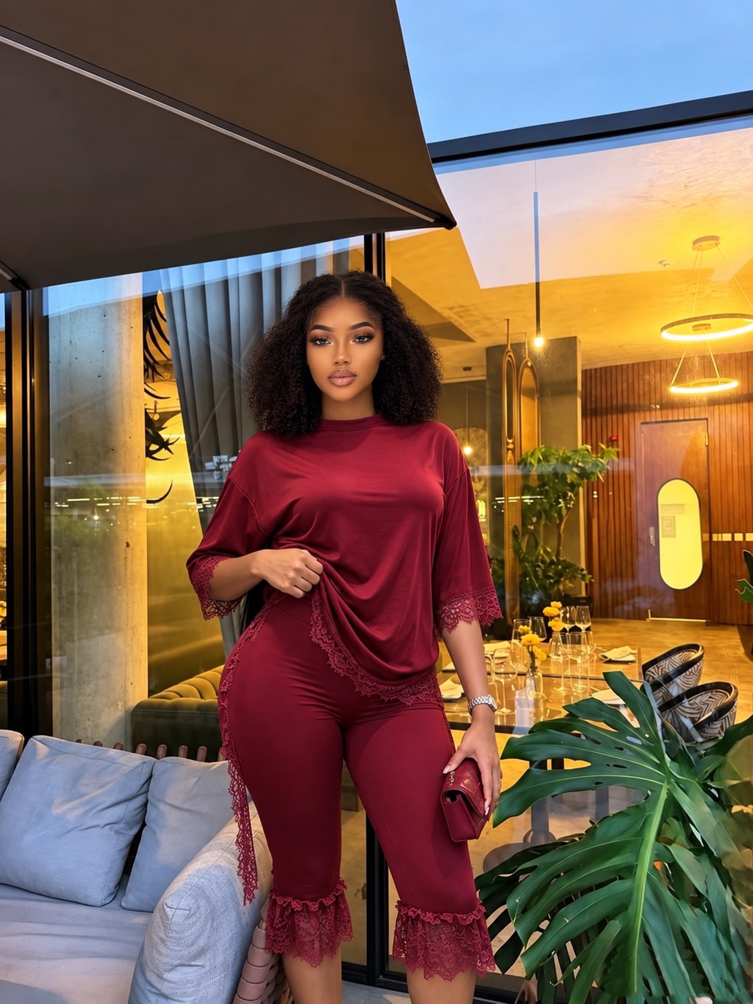 Ensemble short et haut en dentelle Bordeaux
