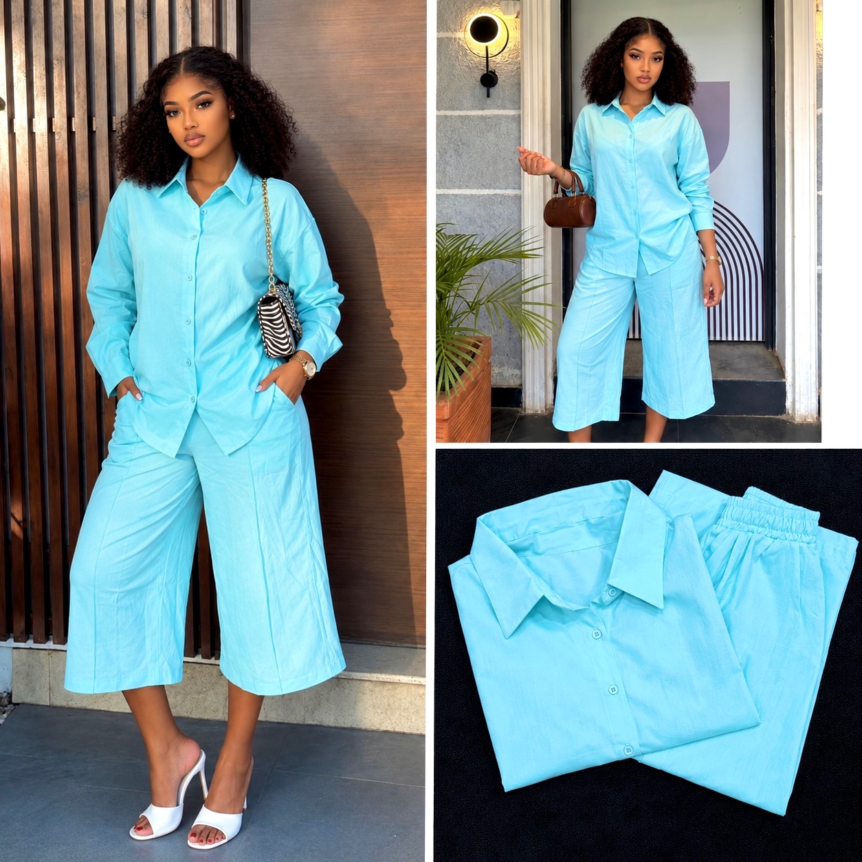 Ensemble chemise et jupe-culotte bleu ciel