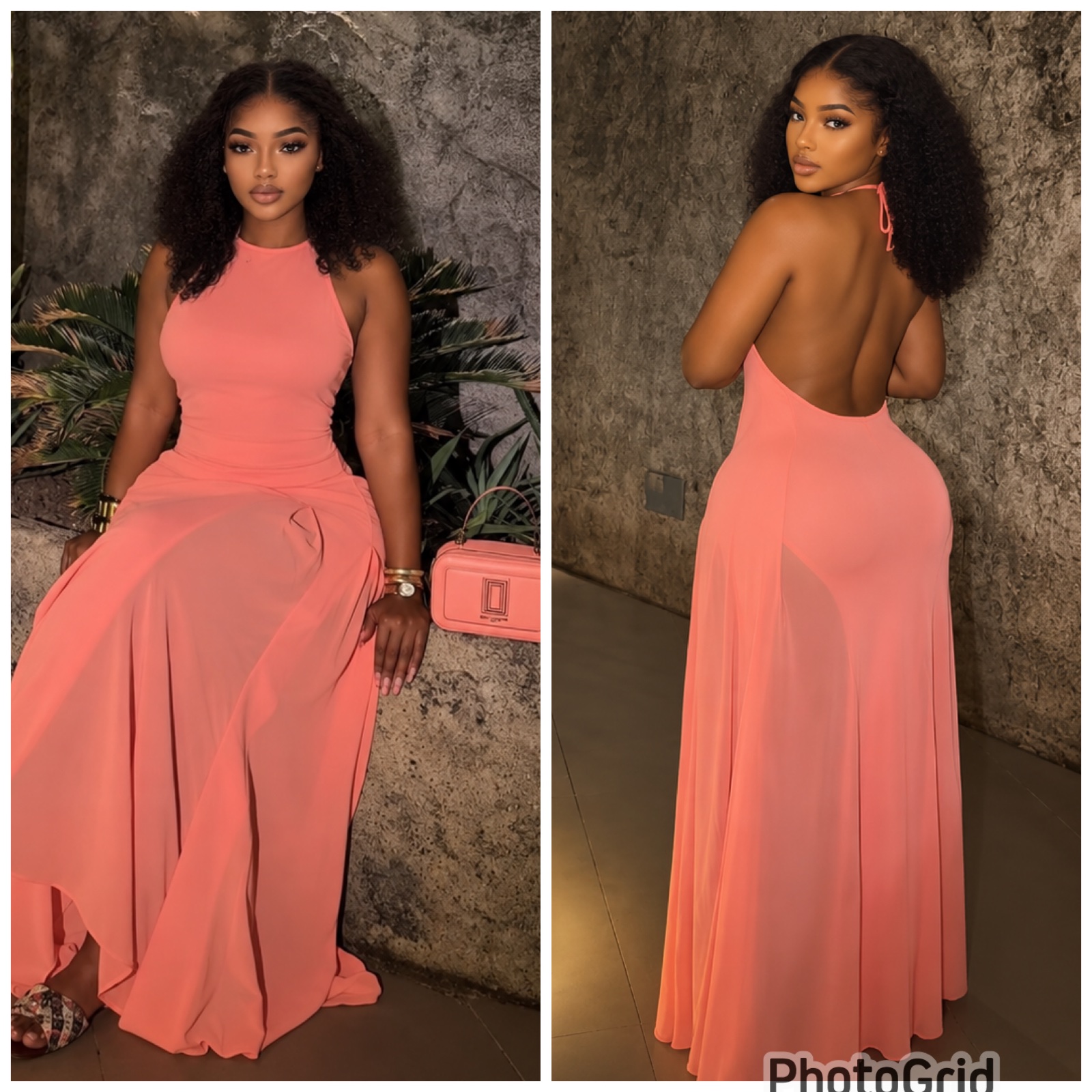 Robe longue dos nu saumon