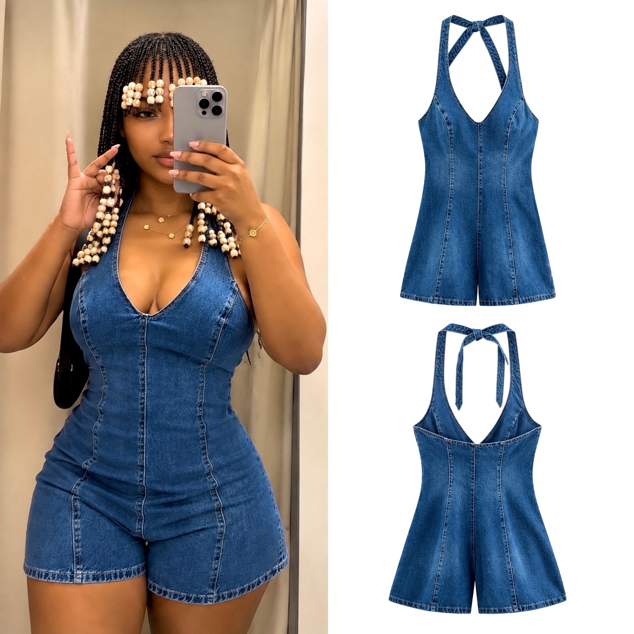 Combishort en denim dos nu