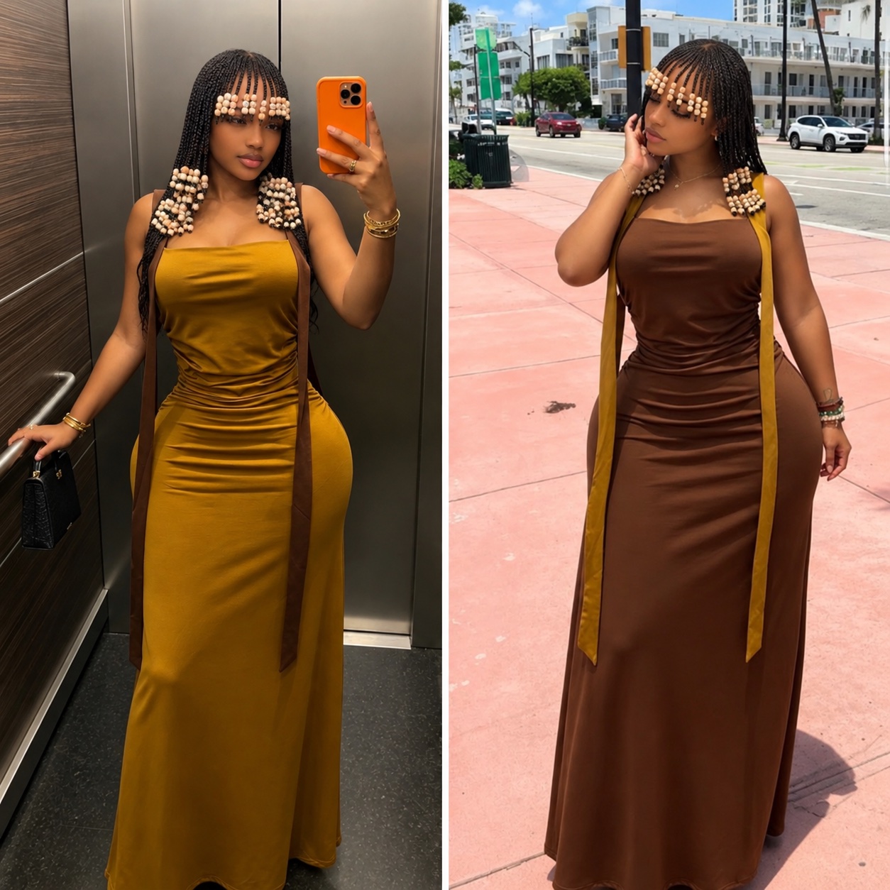 Robe longue drapée bicolore