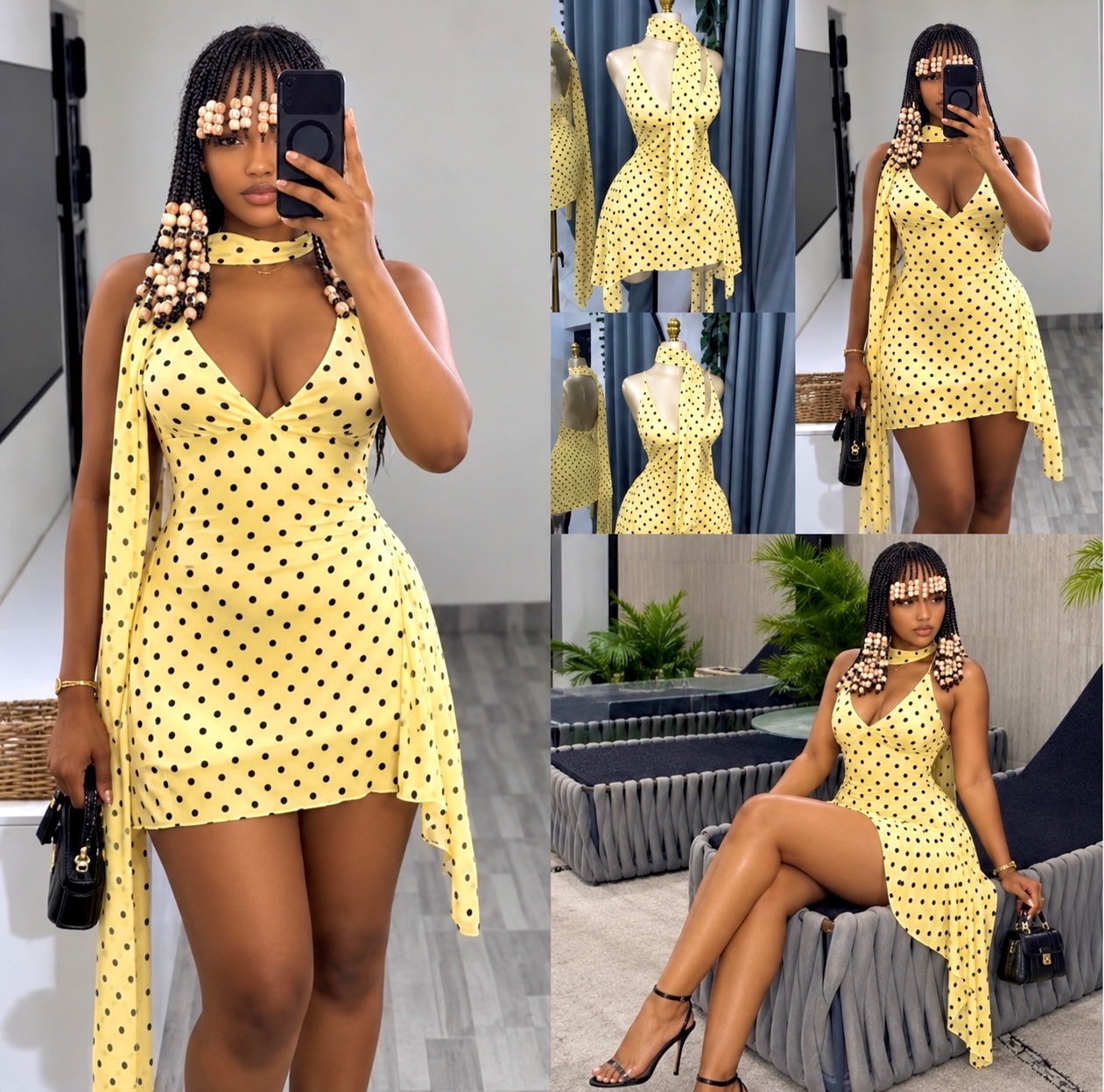 Robe courte jaune à pois noirs