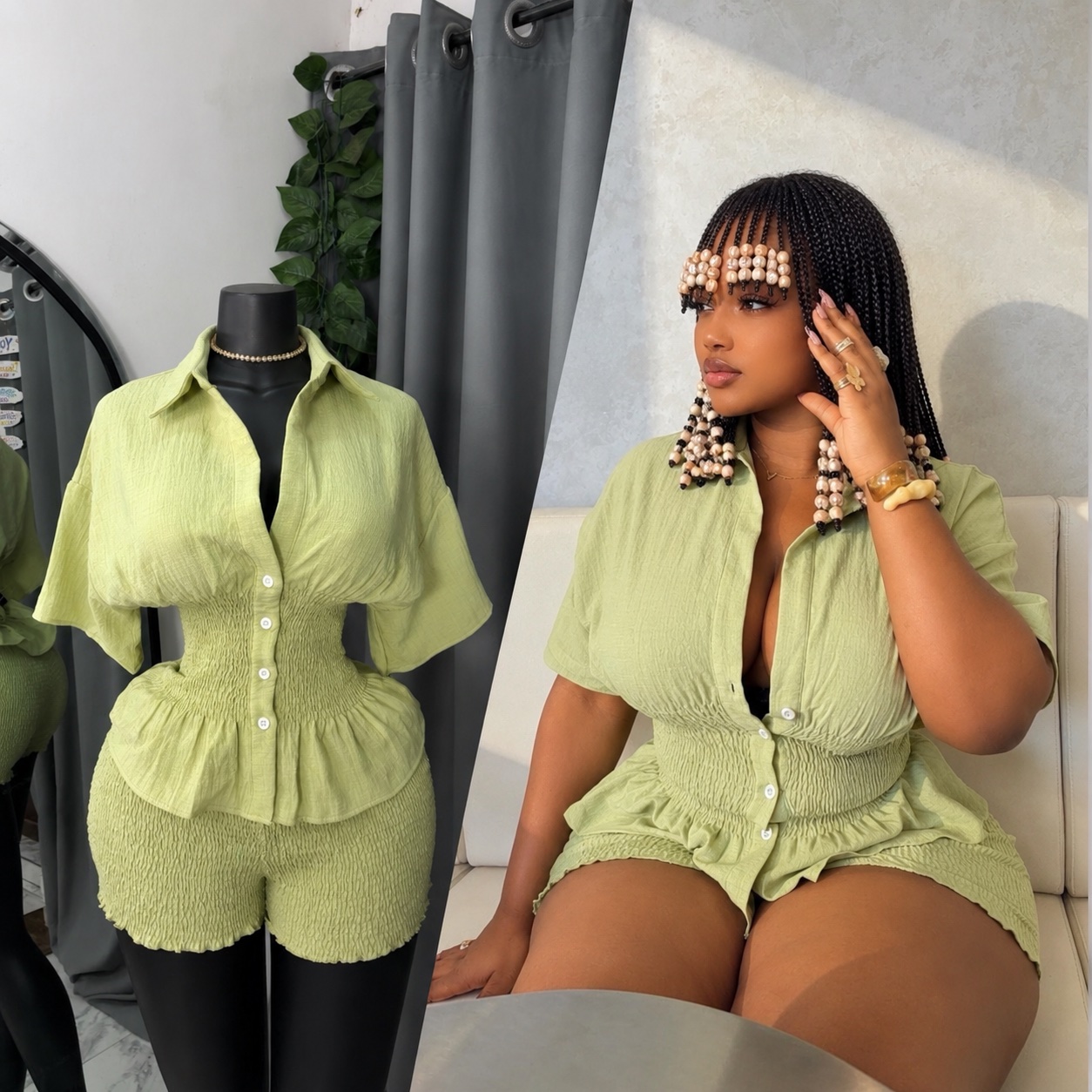 Ensemble short froncé vert amande