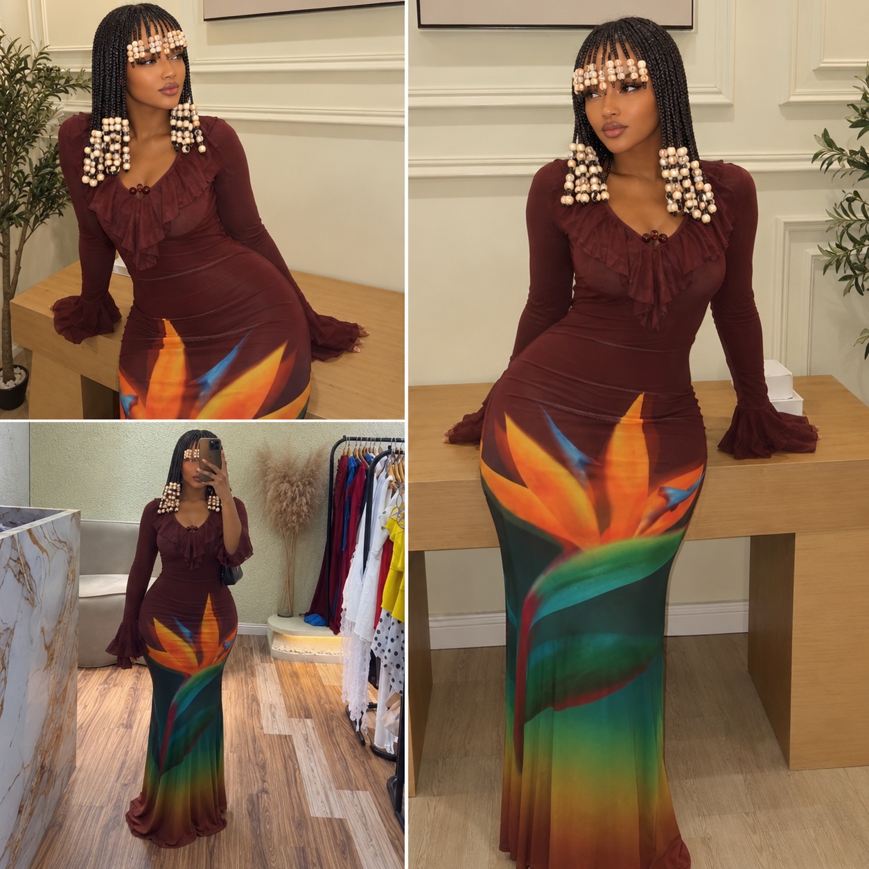 Robe longue sirène à imprimé floral