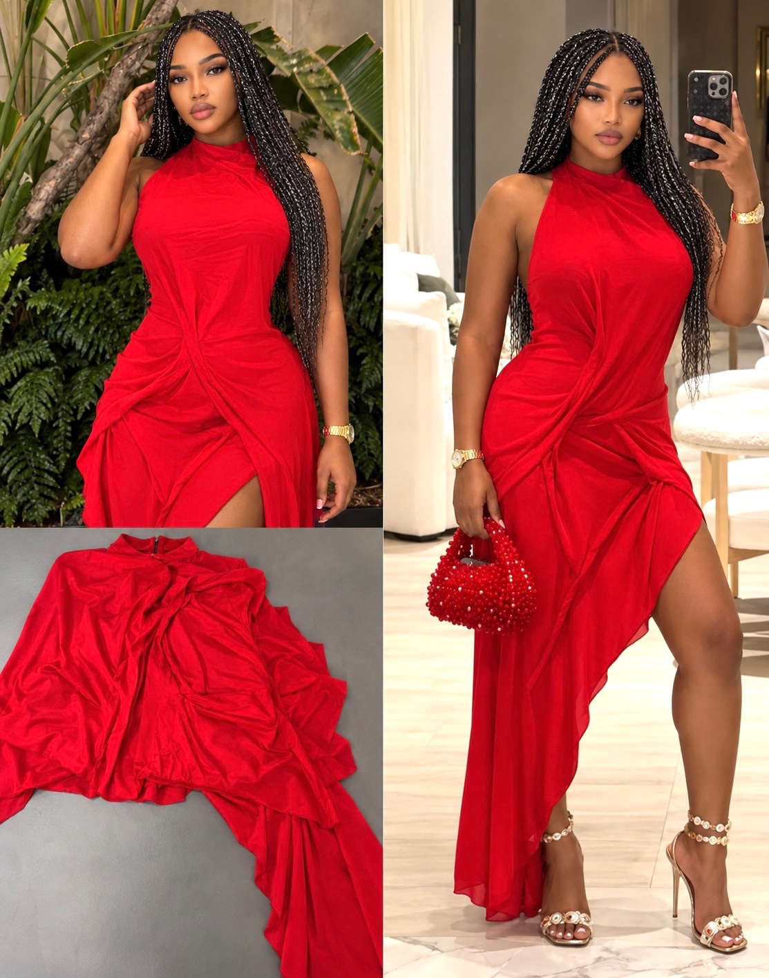 Robe drapée rouge asymétrique