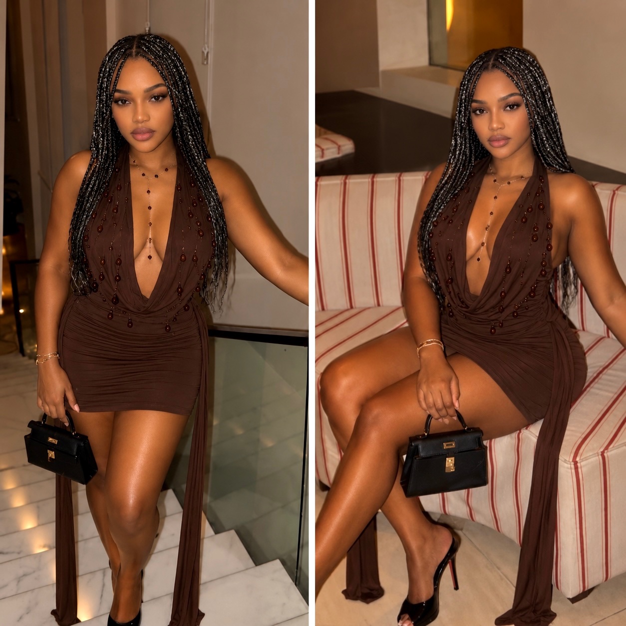 Robe courte drapée marron