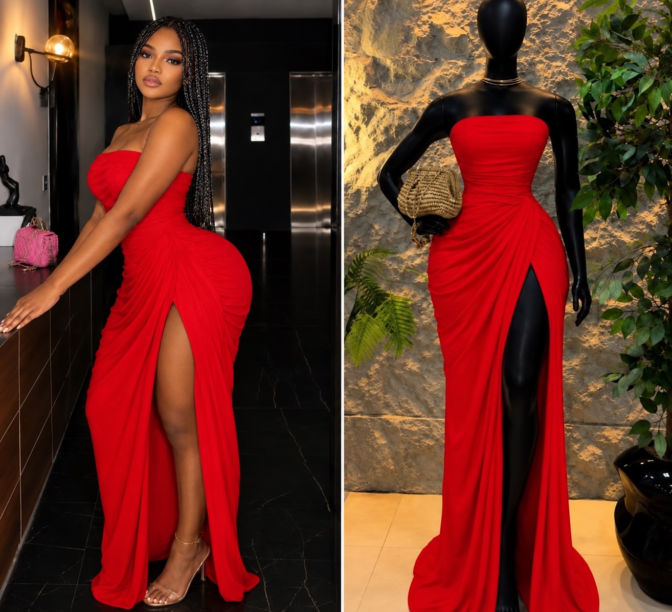Robe bustier longue fendue rouge