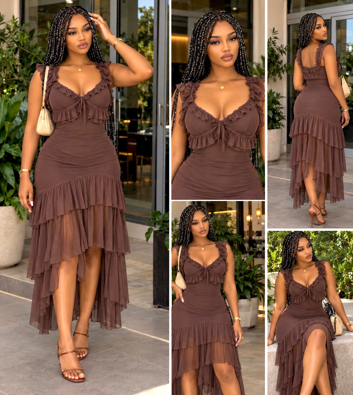 Robe asymétrique à volants chocolat