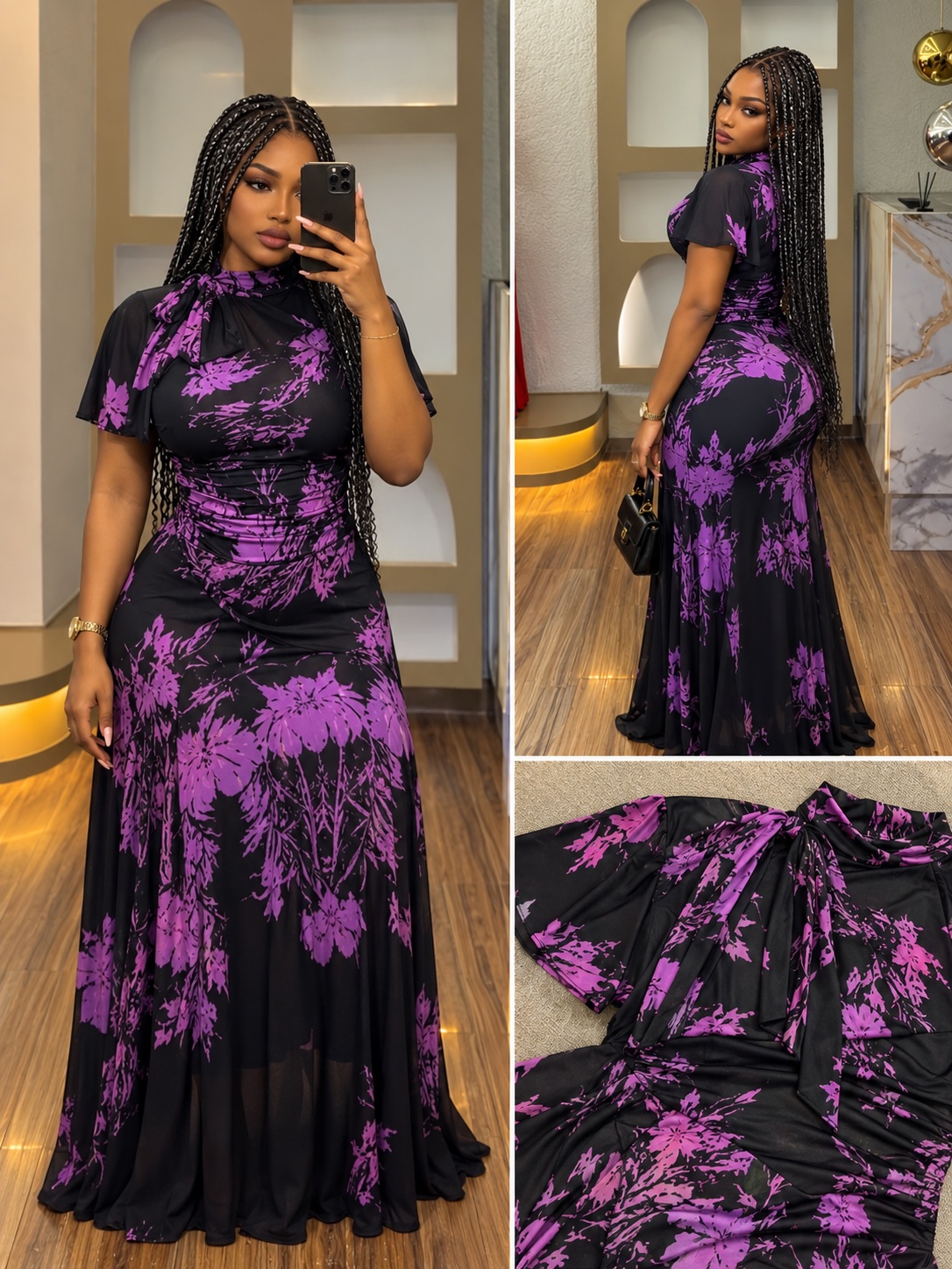 Robe longue fleurie noire et violette