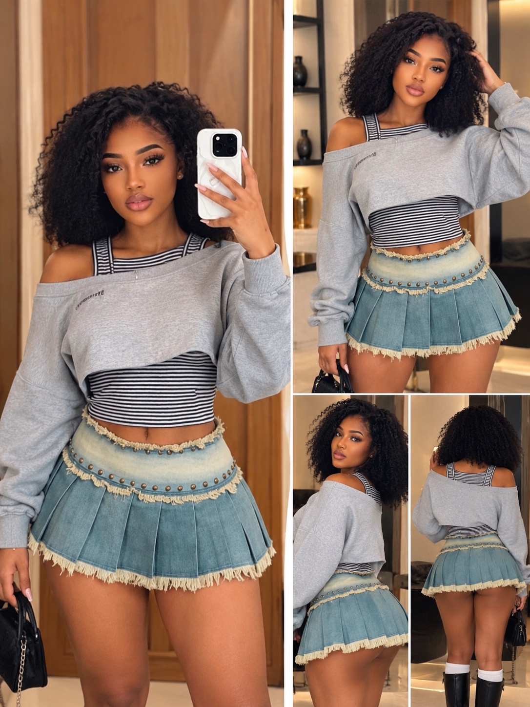 Ensemble jupe plissée en jean et crop sweat
