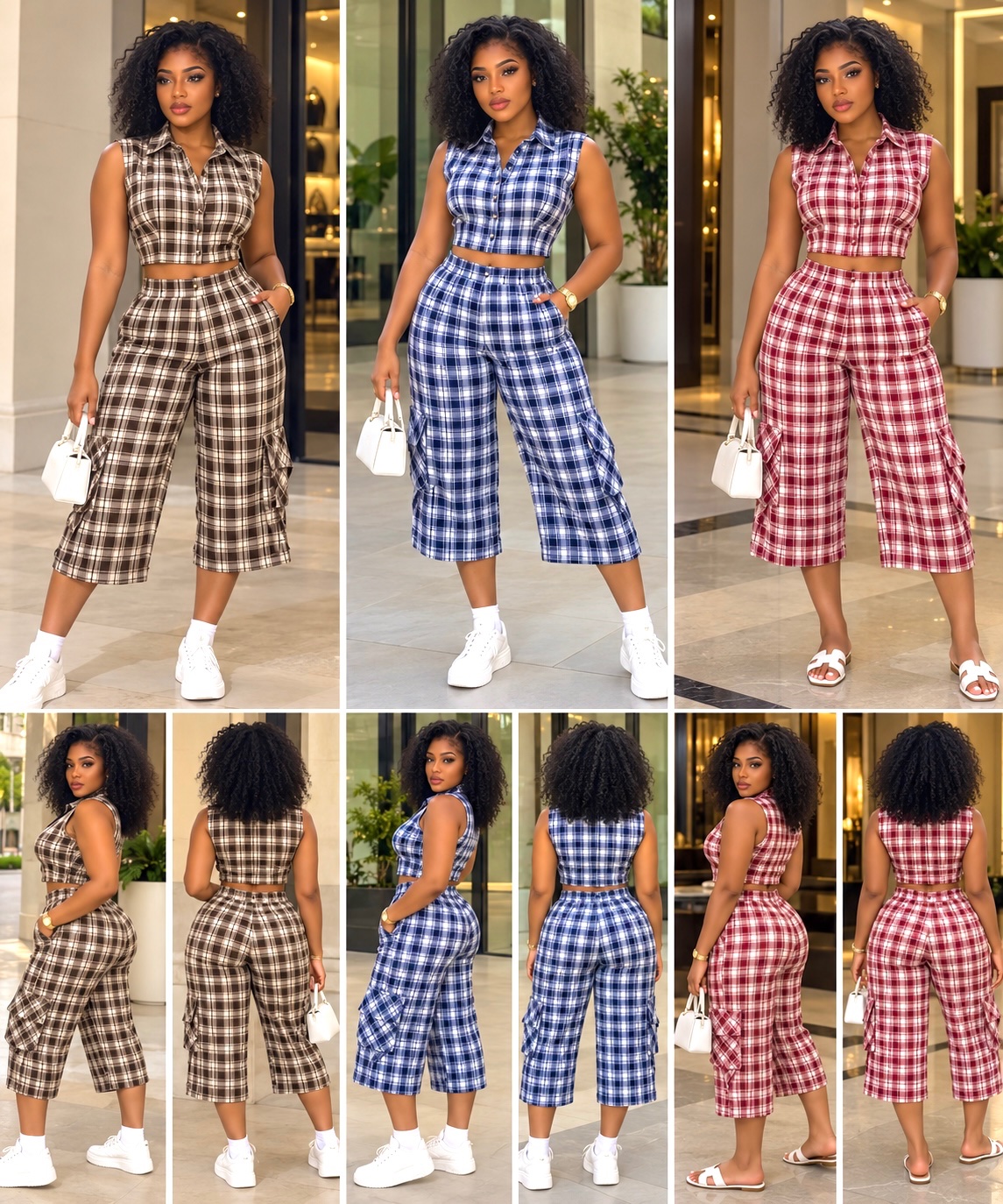 Ensemble crop top et pantalon cargo à carreaux