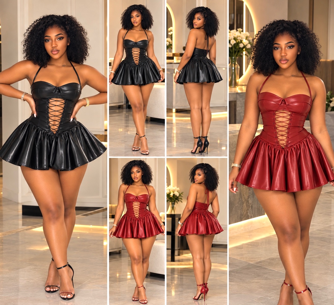 Robe courte simili cuir lacée