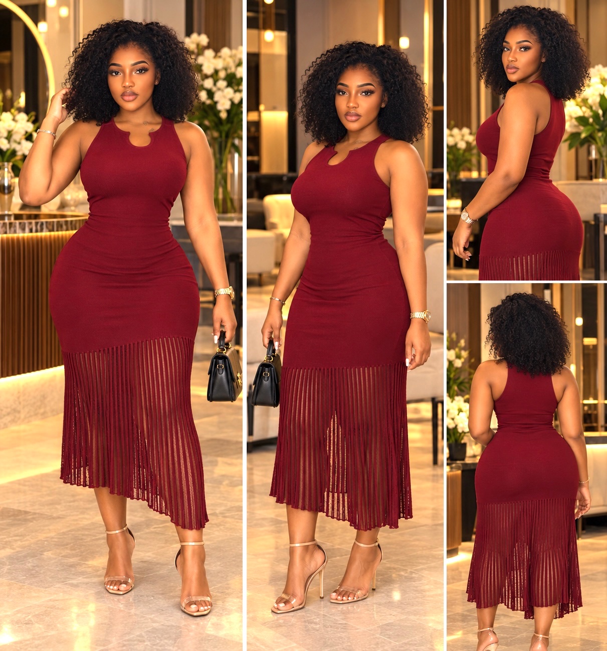 Robe midi bordeaux à franges
