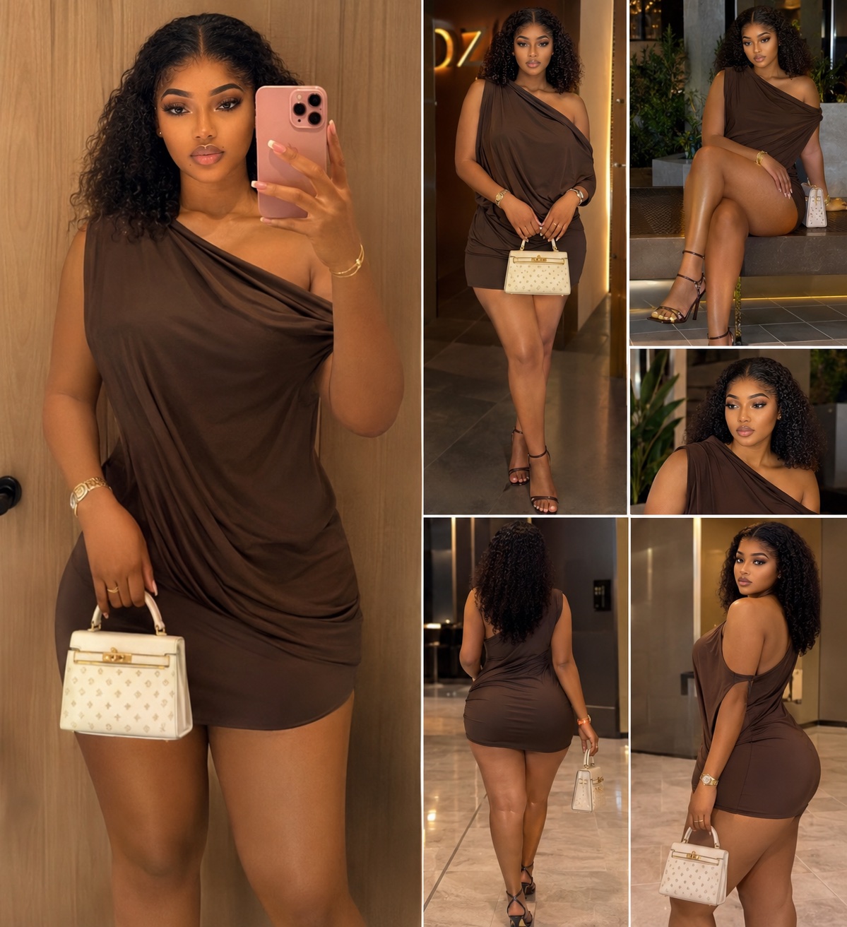 Robe asymétrique drapée marron