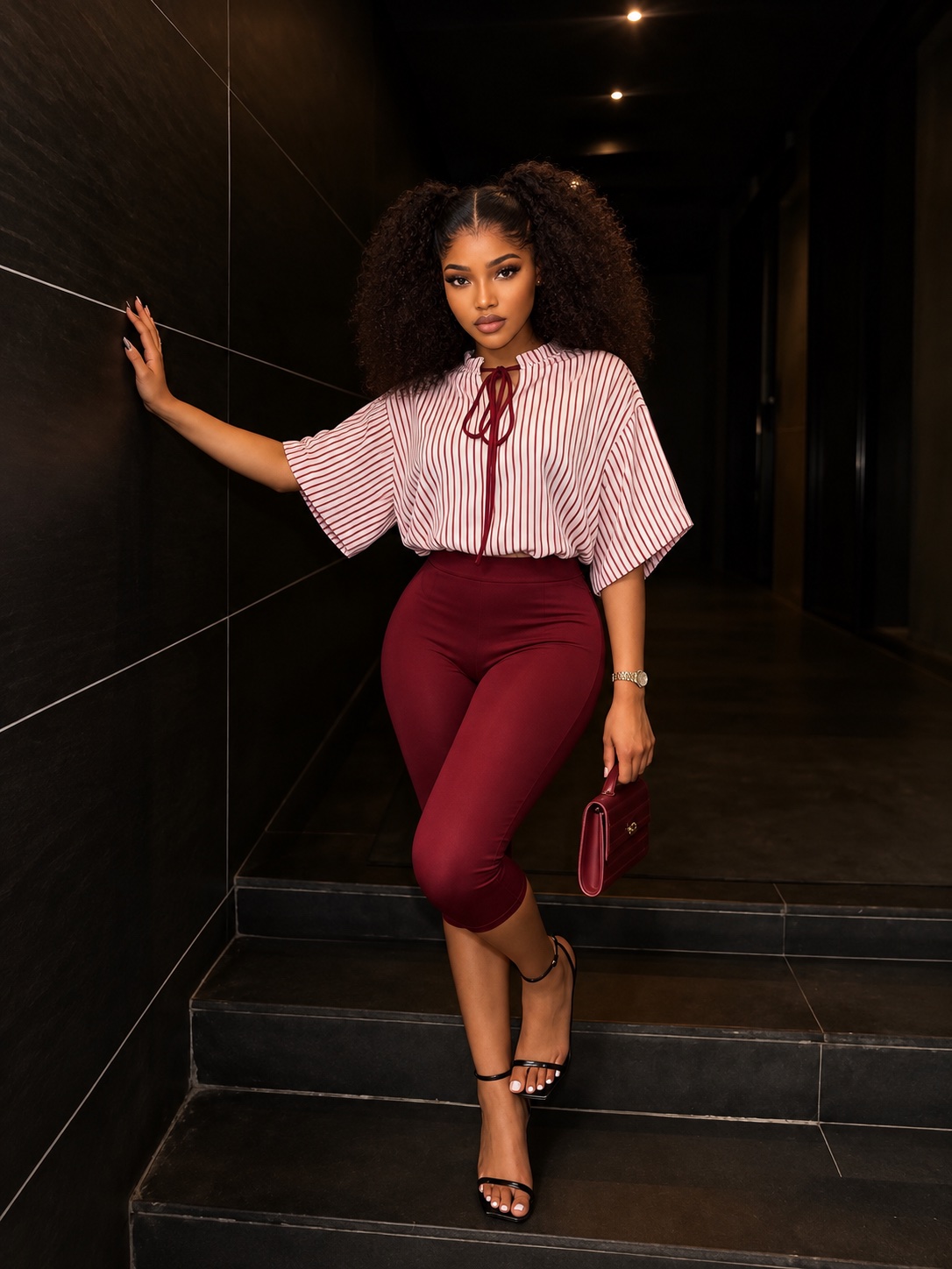 Ensemble blouse rayée et pantacourt bordeaux