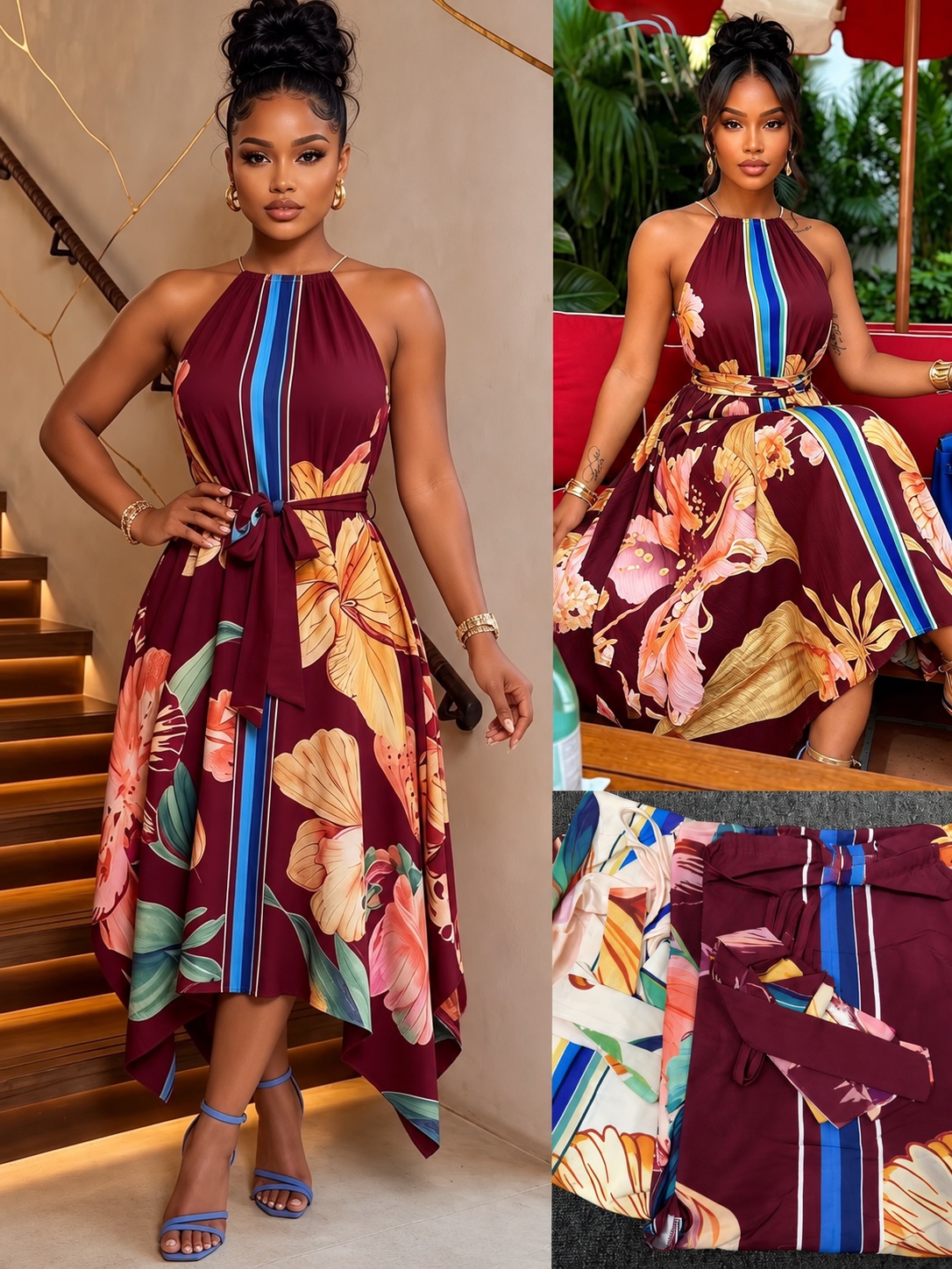Robe fluide fleurie bordeaux