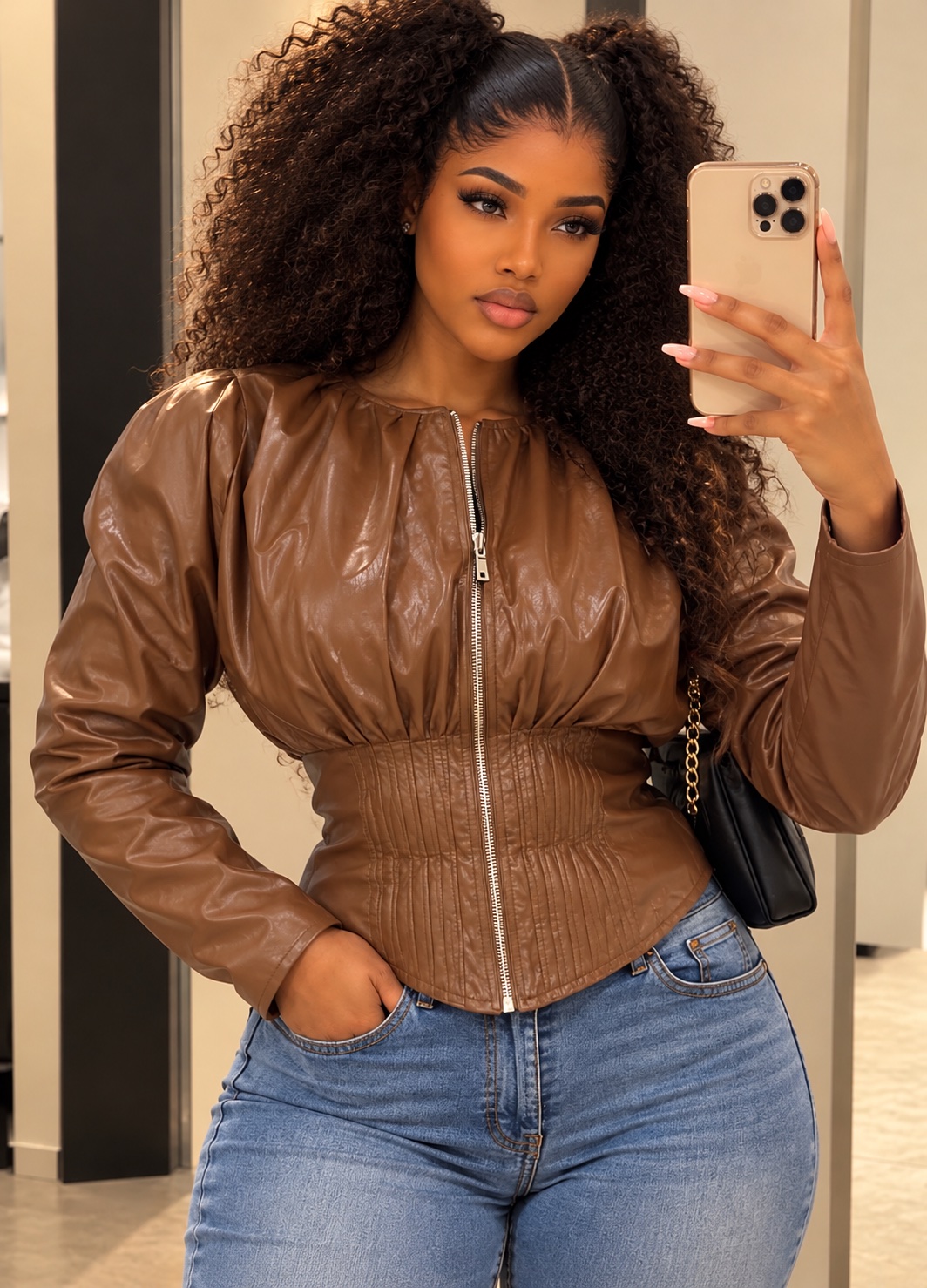 Veste en simili cuir marron