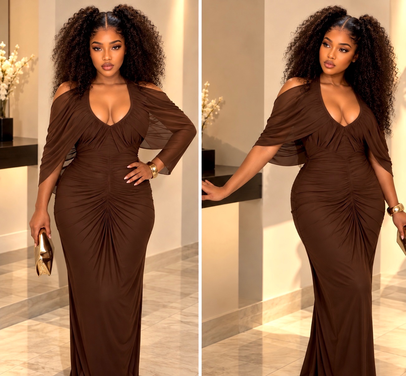 Robe longue drapée marron