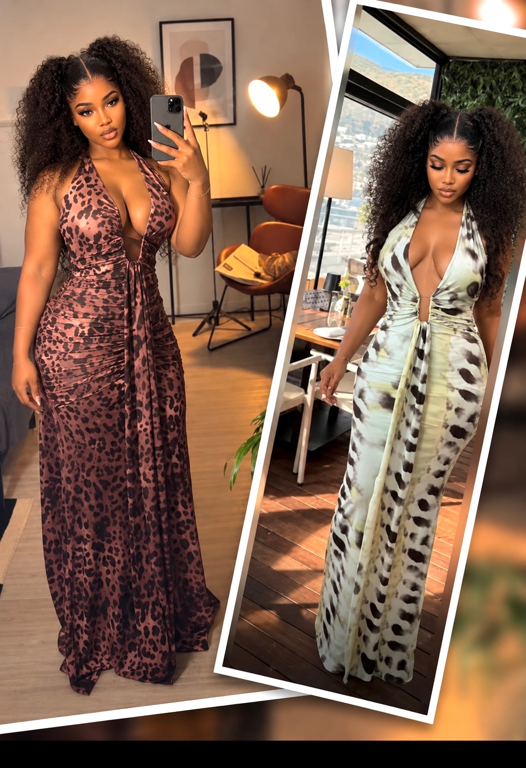 Robe longue décolletée imprimé animal