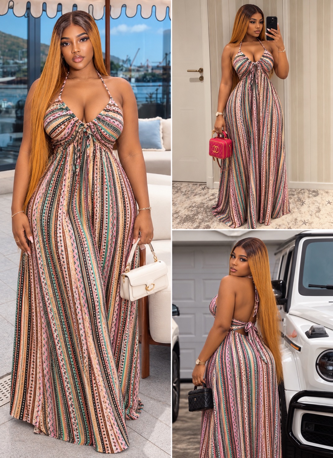 Robe longue rayée dos nu